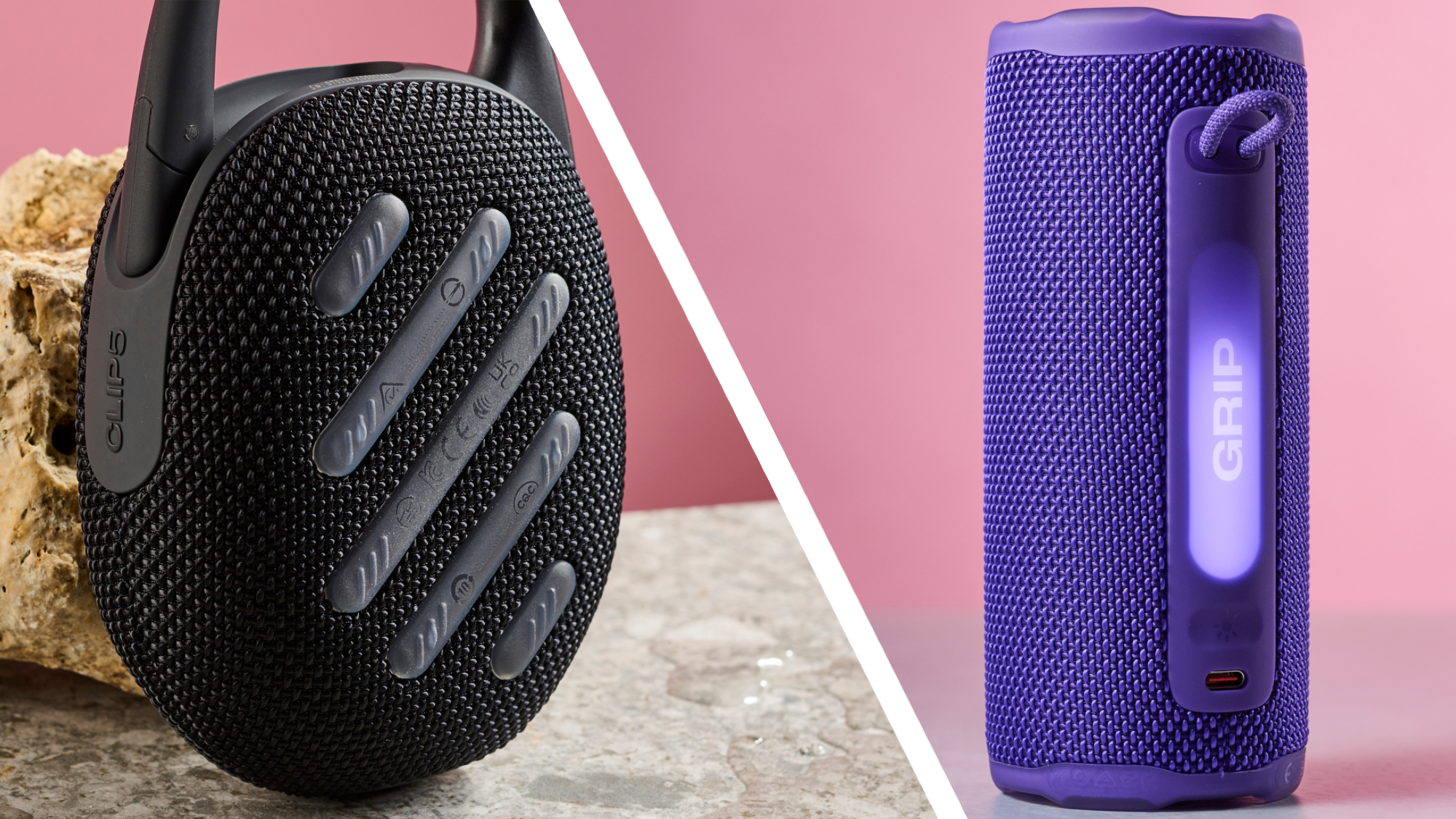 On the left is the back of the JBL Clip 5, and the light-up back of the JBL Grip is on the right.