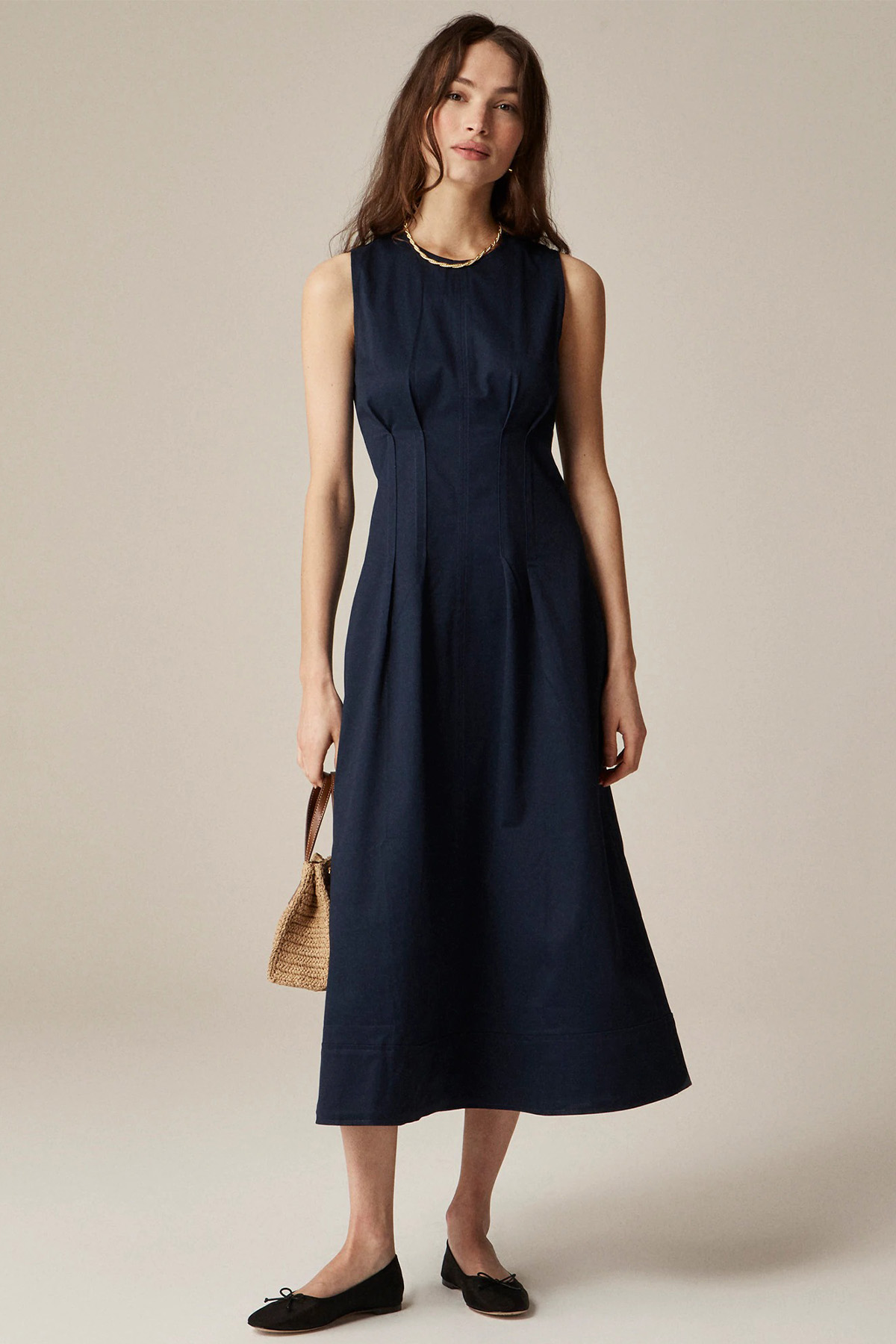 Pintuck Midi Dress in Stretch Twill 