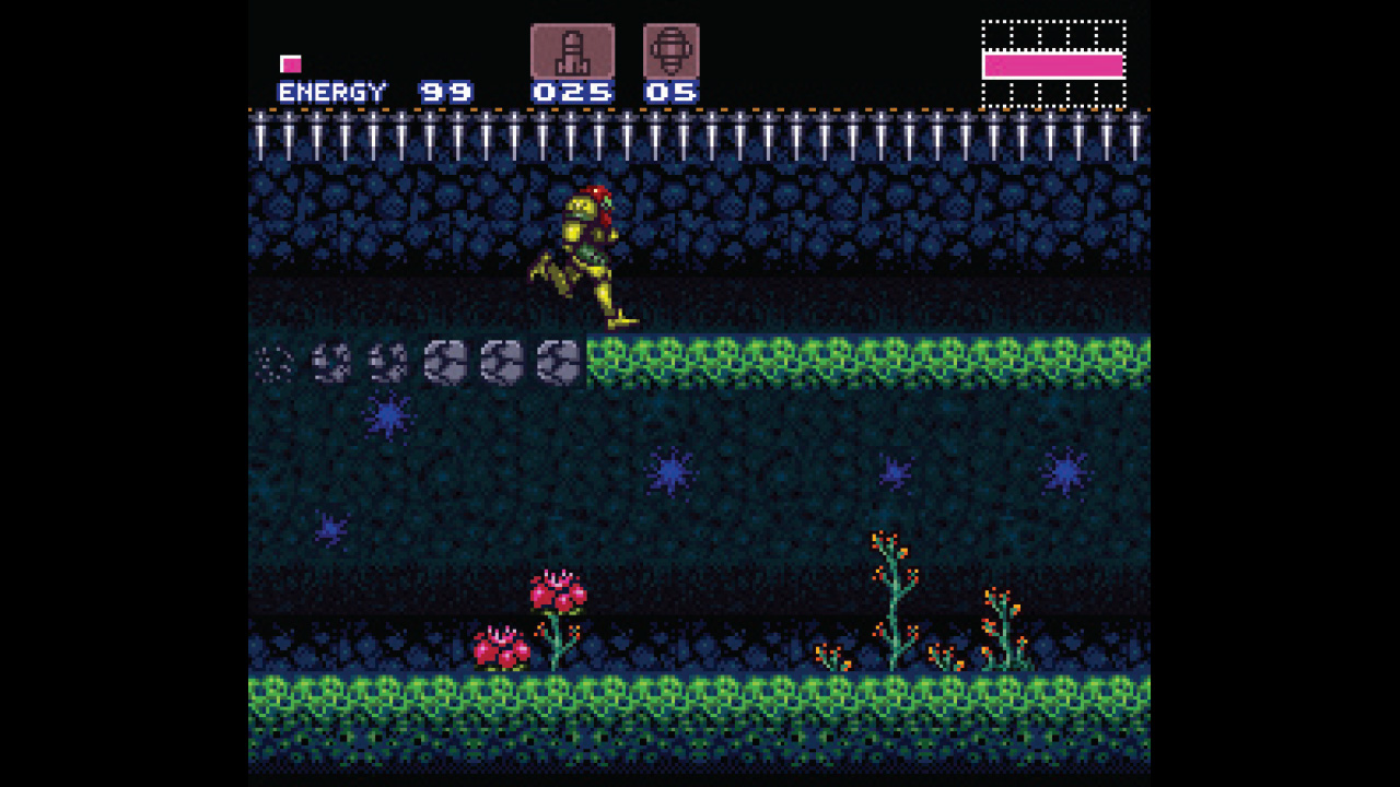 Samus uses the dash upgrade in Super Metroid to stay just ahead of crumbling bricks