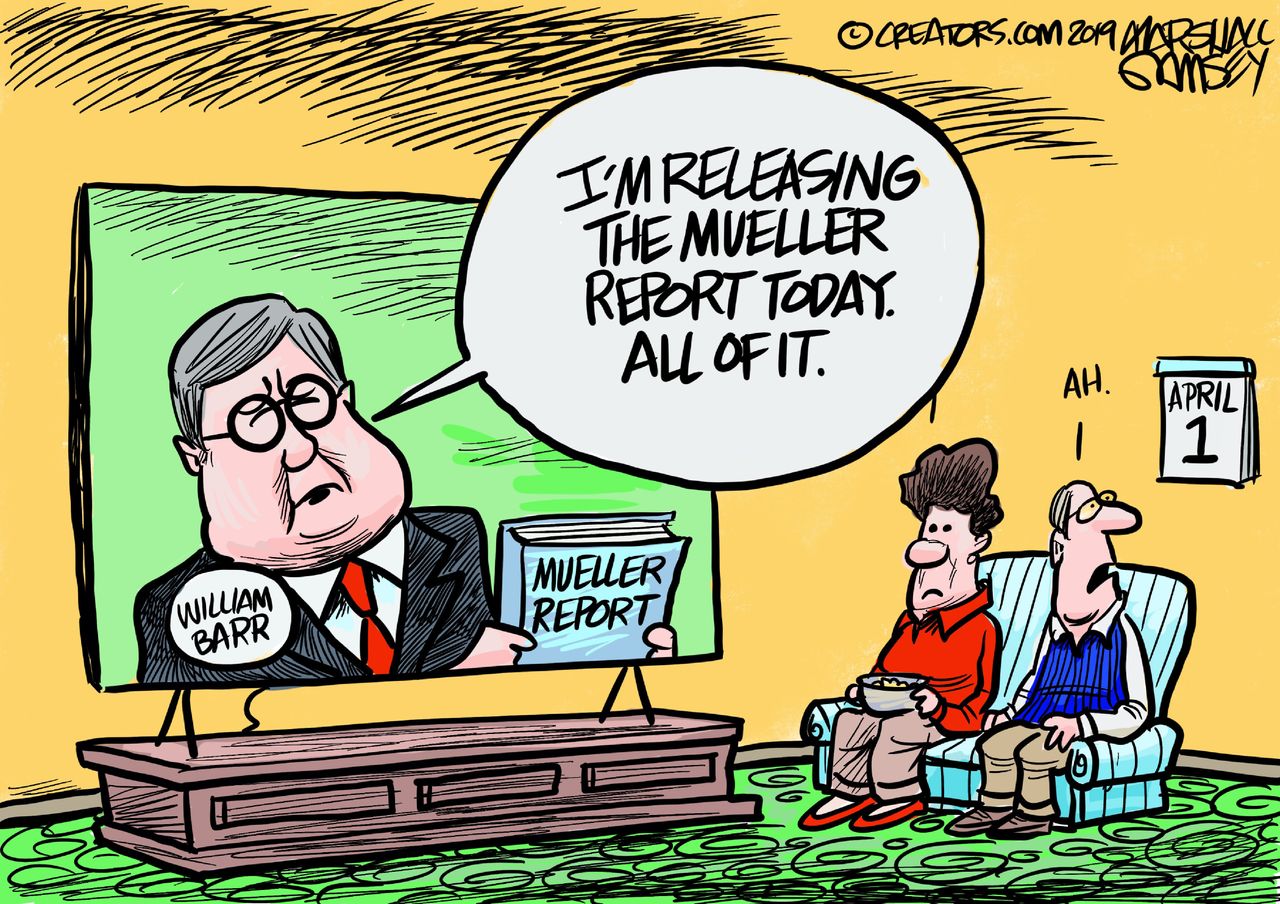 Political Cartoon U.S. William Barr Mueller report release April fools