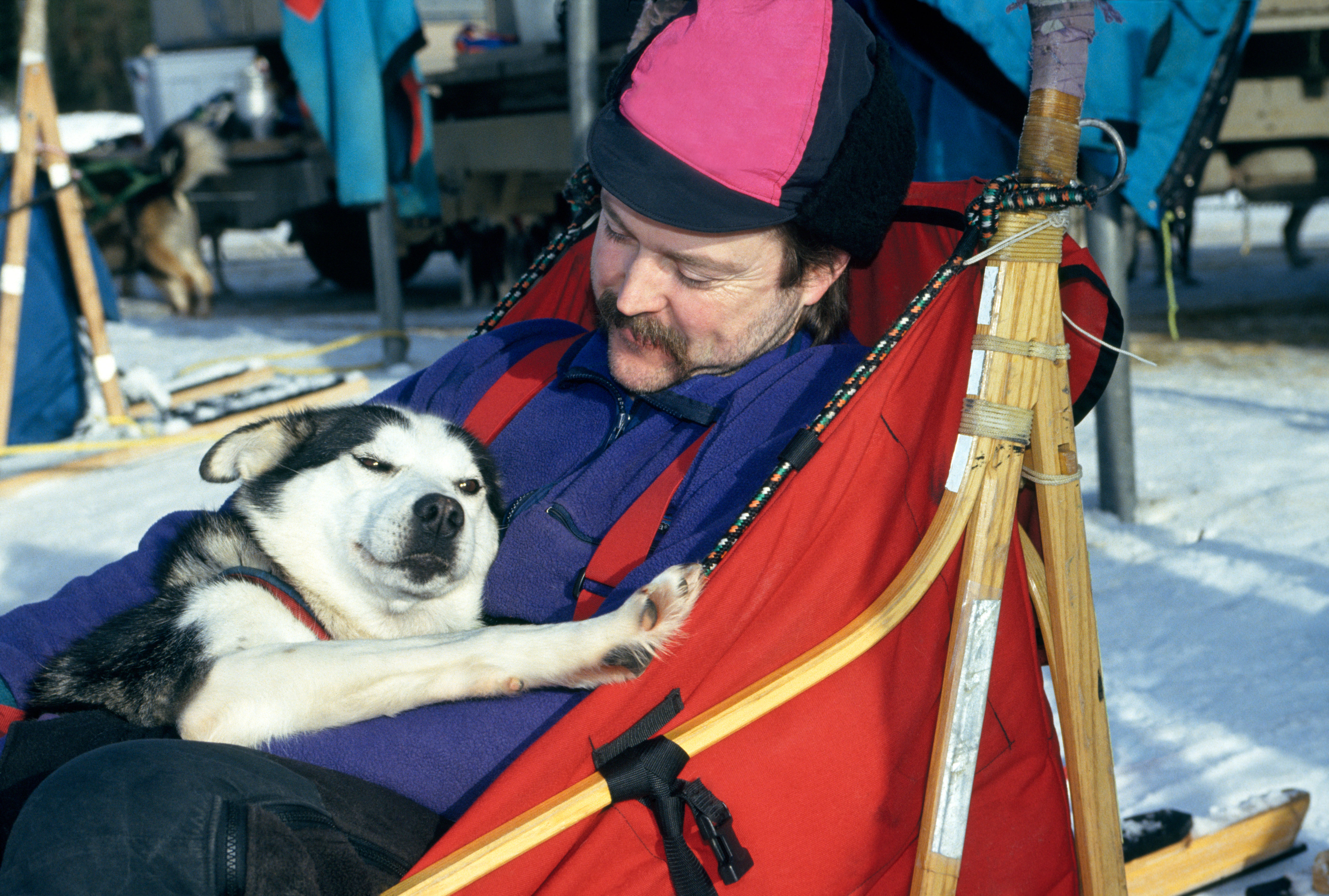 A musher relaxes in his sled while a sled dog lies contentedly across his lap in the snow.