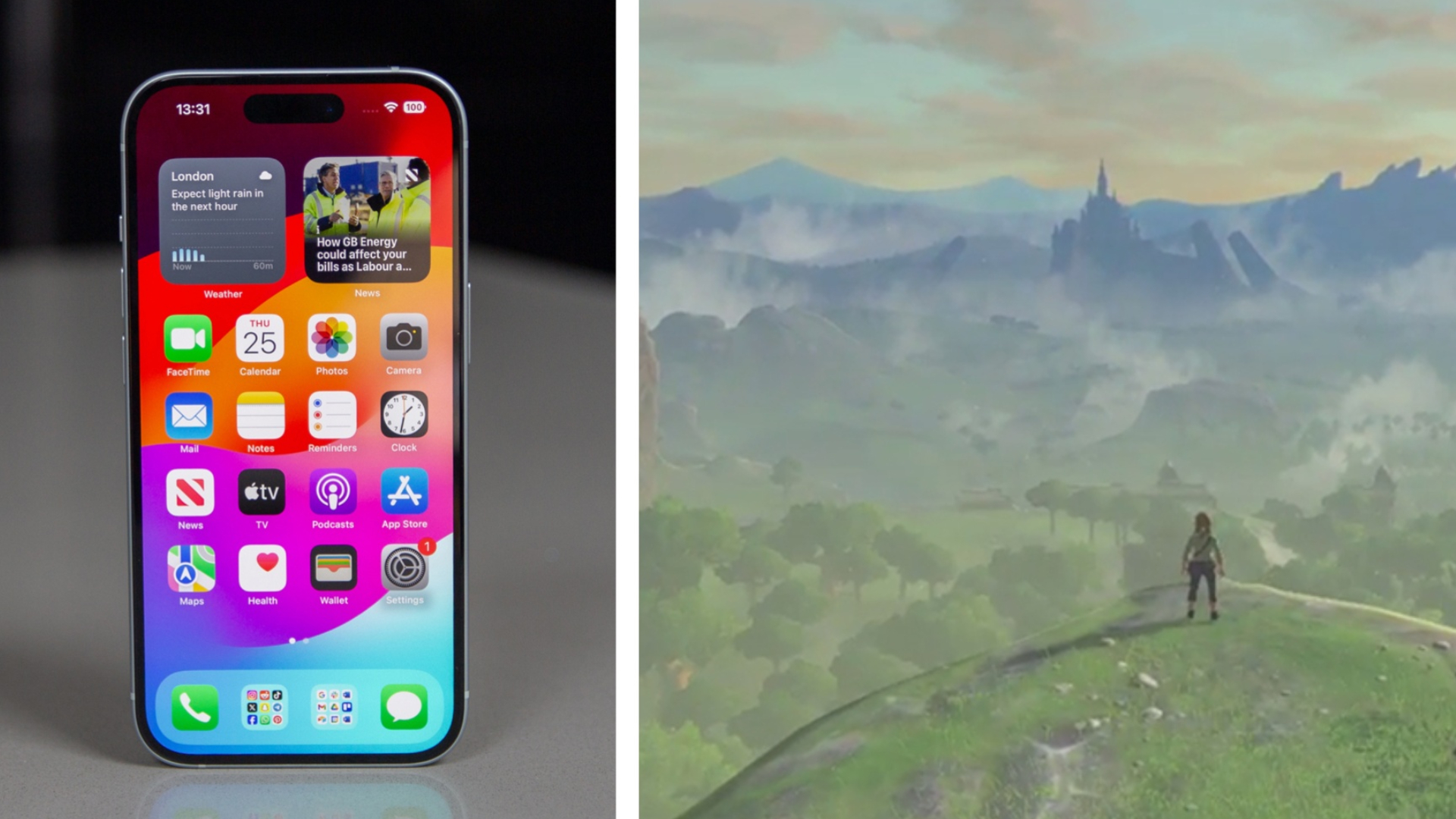 Composite image: Left side shows an iPhone 15, right side shows a view of Hyrule in The Legend of Zelda: Breath of the Wild