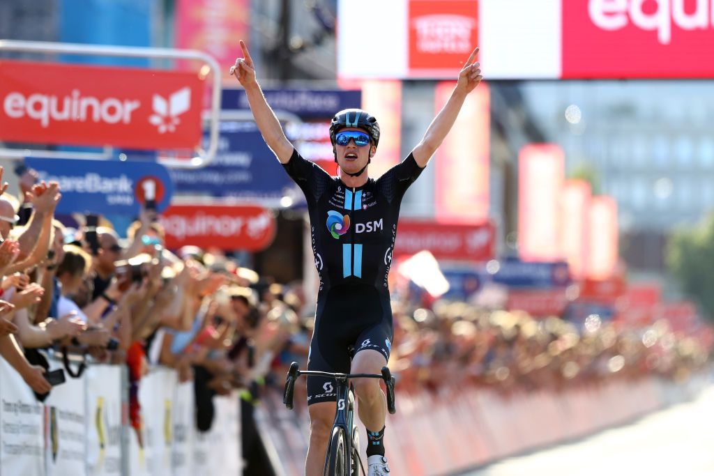 TRONDHEIM NORWAY AUGUST 14 Andreas Leknessund of Norway and Team DSM celebrates at finish line as stage winner during the 9th Arctic Race Of Norway 2022 Stage 4 a 1591km stage from Trondheim to Trondheim ArcticRace on August 14 2022 in Trondheim Norway Photo by Michael SteeleGetty Images