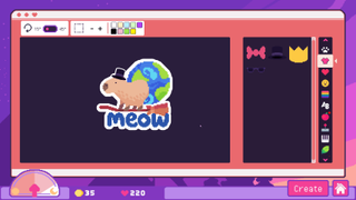 A sticker created in Sticky Business. It is a capybara wearing a tophat, on top of a broomstick. The Earth is behind it and underneath it says "meow."