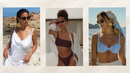 The shell jewelry trend worn by a woman wearing a white dress with oversize shell-motif earrings, a woman wearing a white shell choker with a brown bikini, and a woman wearing shell-shaped earrings with a blue bikini top and tan pants.