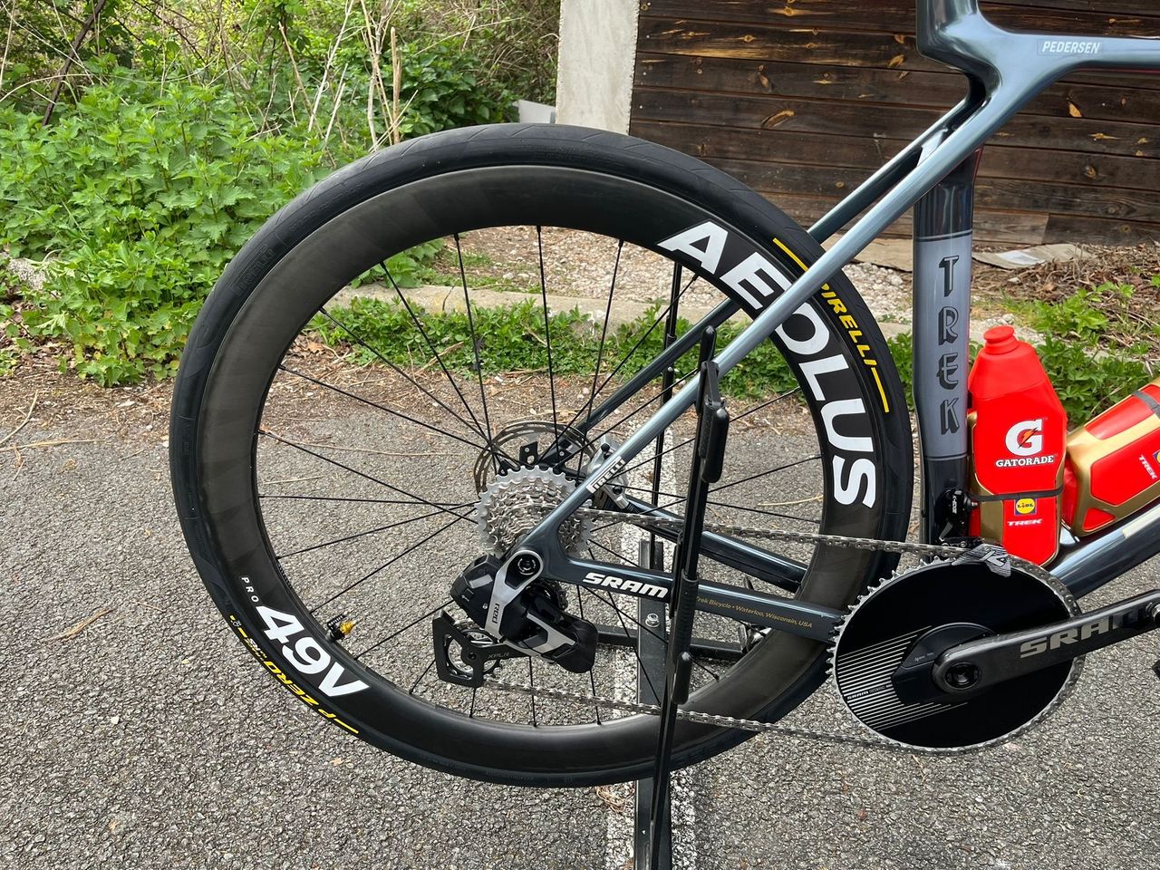 A Trek Madone with Bontrager gravel wheel and Odyssey valve system