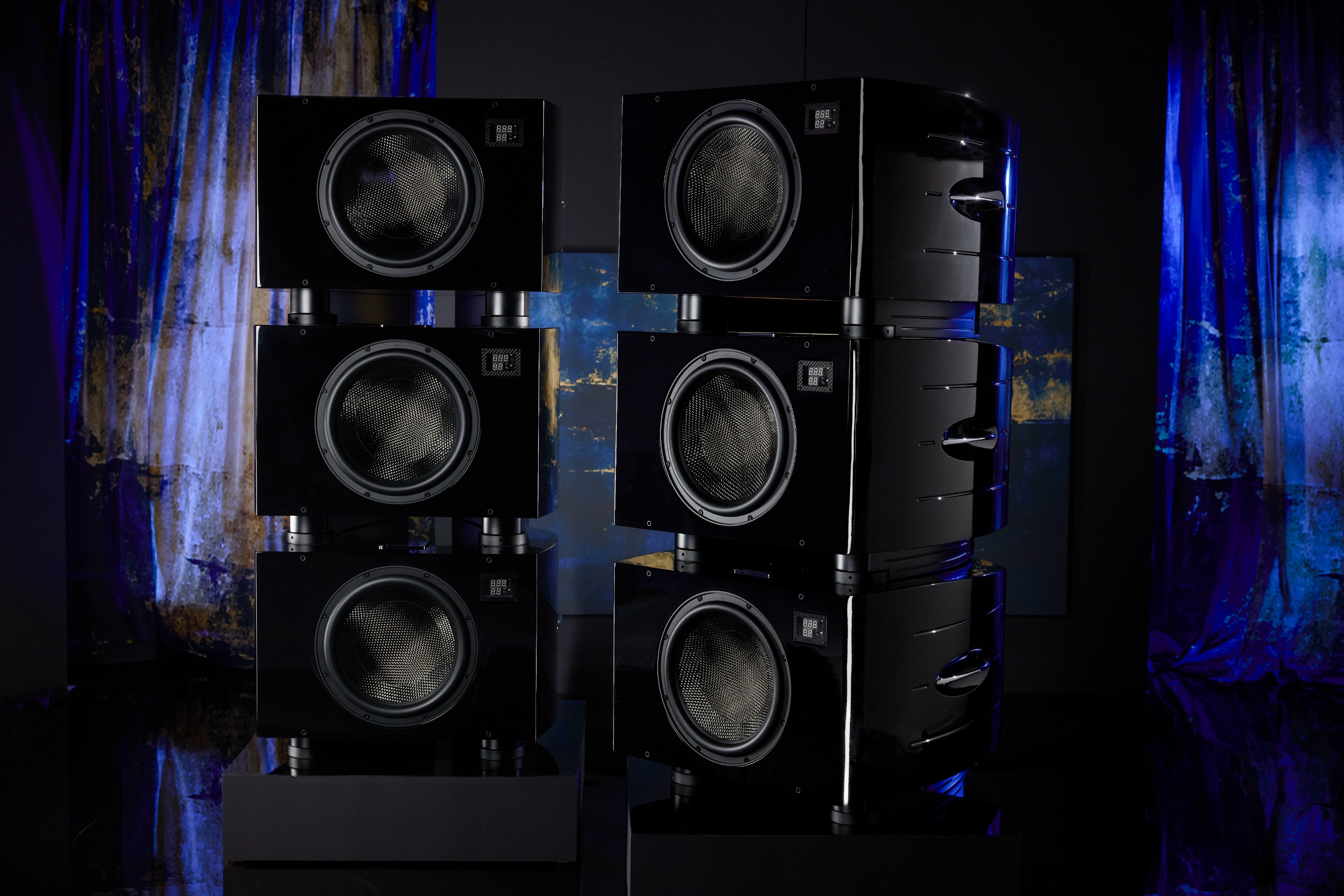 REL No 36 subwoofer on a dark blue background