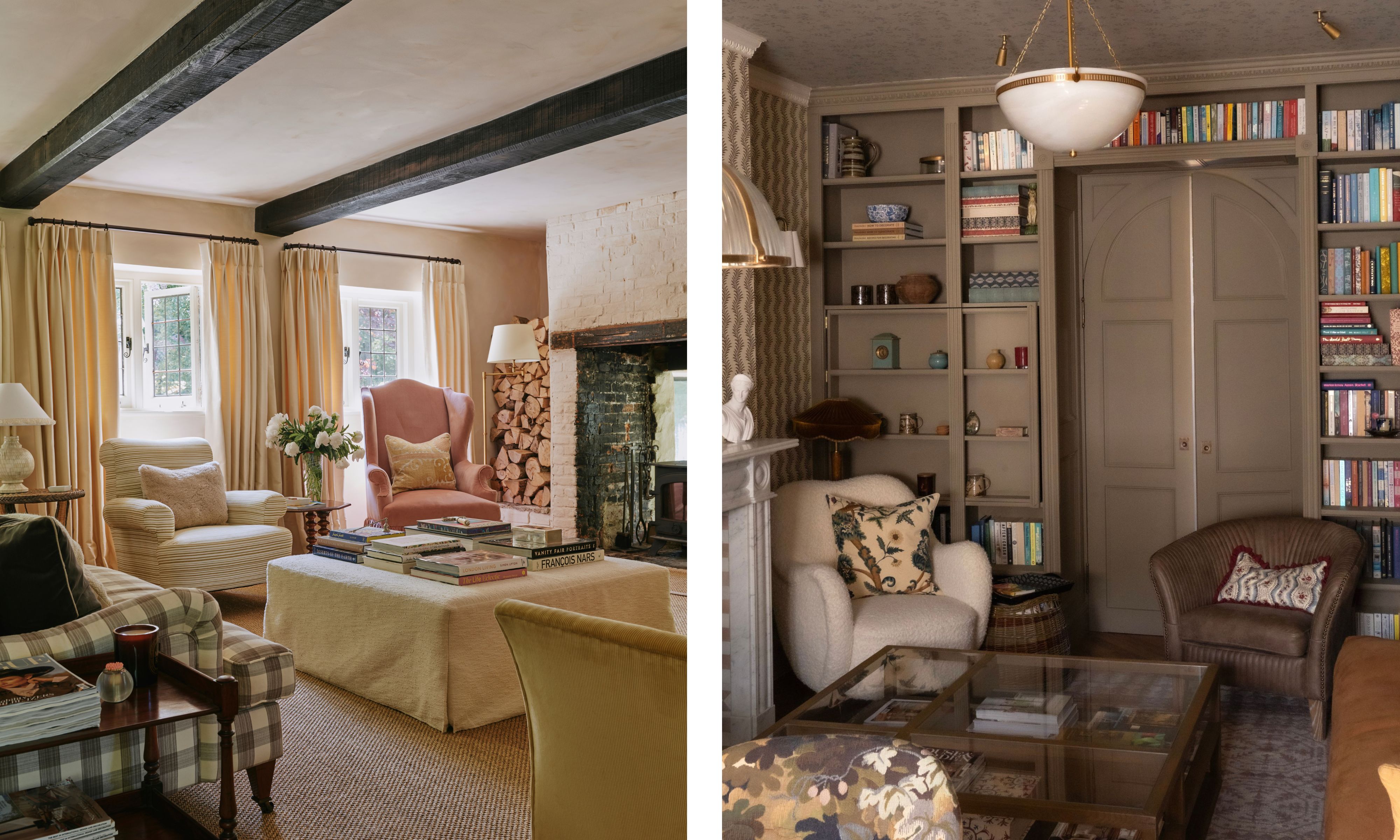 side by side living rooms on the left a cottage home with beams, textured walls, a loose linen ottoman, gingham couch and mismatched chairs on the right a mushroom painted bookcase and small armchairs and glass coffee table