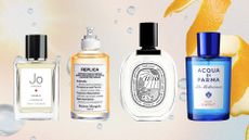 A collage of Mediterranean-inspired perfumes, including scents from Jo Loves, Maison Margiela, Diptyque and Acqua Di Parma, on a multi-coloured background with stock images of water droplets and an orange peel. 