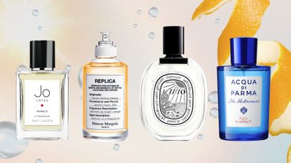 A collage of Mediterranean-inspired perfumes, including scents from Jo Loves, Maison Margiela, Diptyque and Acqua Di Parma, on a multi-coloured background with stock images of water droplets and an orange peel. 