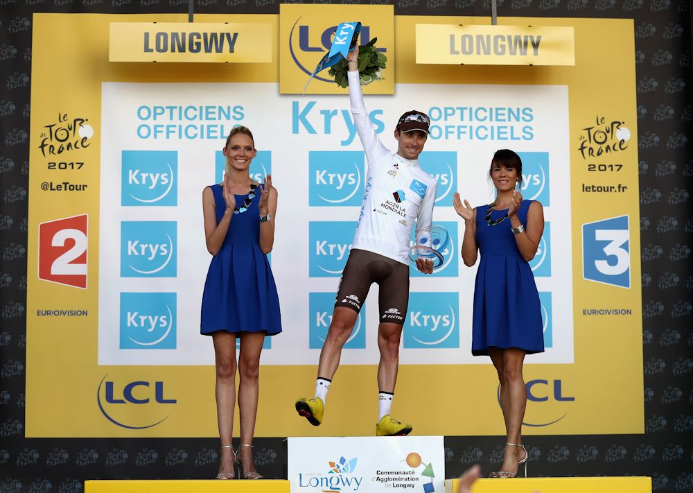 Pierre Latour of France and team AG2R La Mondiale celebrates in the white jersey following stage 3 of the 2017 Tour de France
