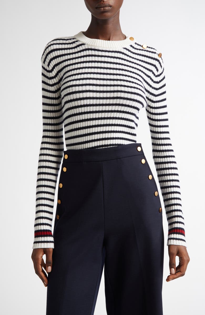 Lari Button Detail Stripe Virgin Wool Rib Sweater