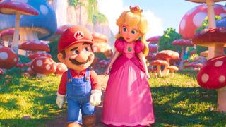Mario and Princess Peach walk in Mushroom Kingdom in The Super Mario Bros Movie