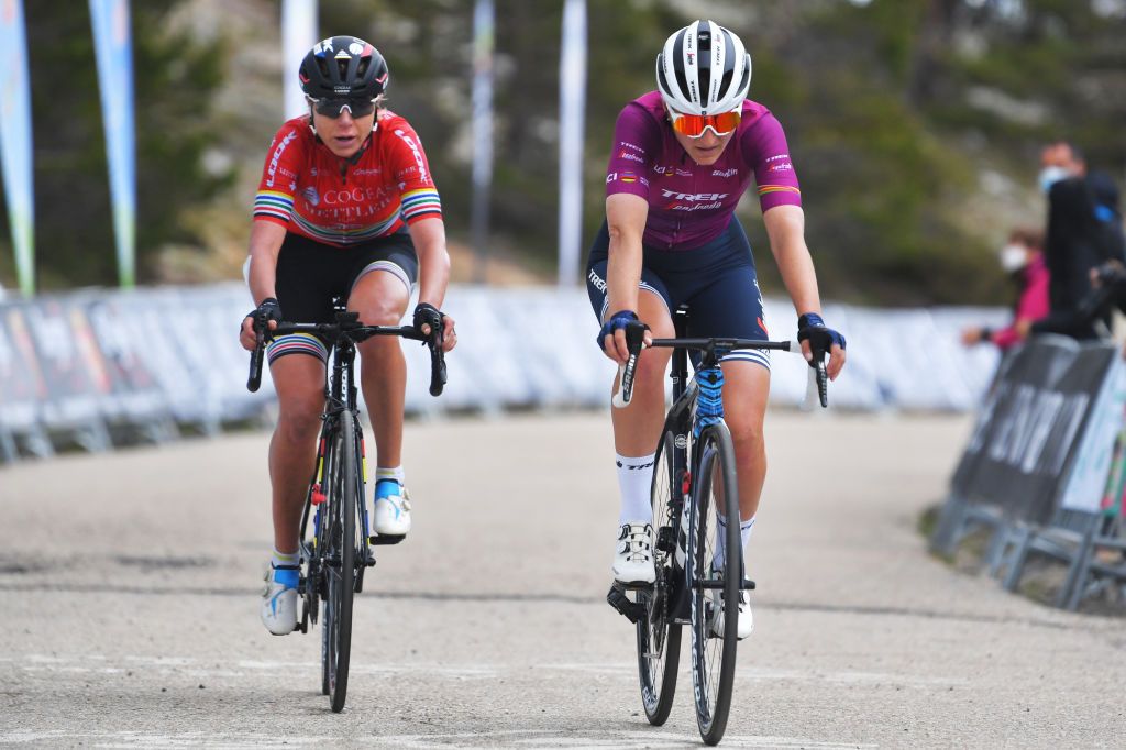 LAGUNAS DE NEILA SPAIN MAY 23 Elisa Longo Borghini of Italy and Team Trek Segafredo at arrival during the 6th Vuelta A Burgos Feminas 2021 Stage 4 a 1216km stage from Quintanar de la Sierra to Lagunas De Neila 1870m VueltaBurgos BurgosFem UCIWWT on May 23 2021 in Lagunas De Neila Spain Photo by Luc ClaessenGetty Images