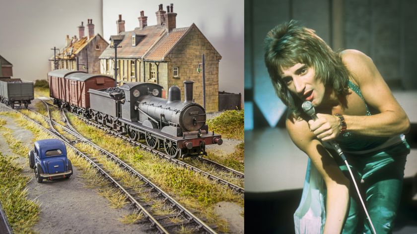 Vintage image of Rod Stewart performing on stage next to an image of a model railway set