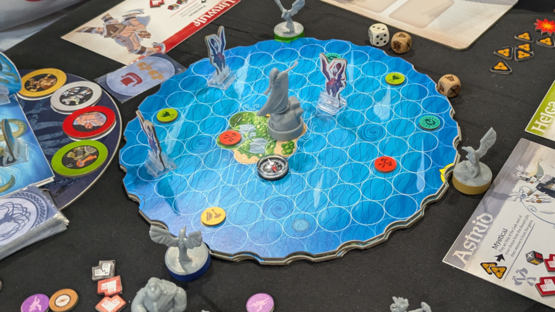 Viking Route board, models, and cards on a dark table