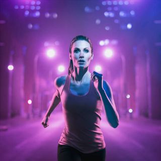 Woman running under purple streetlights