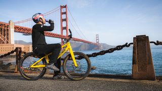 Danny MacAskill drinking Red Bull at Golden Gate Bridge