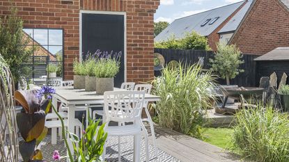 A sunny patio with a white table covered in pot plants with textured plants in the foreground and background