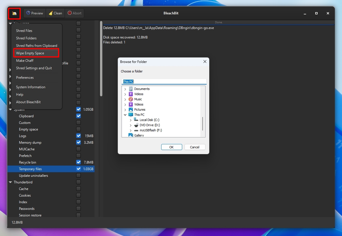 BleachBit with the Wipe Empty Space option select in the main menu.