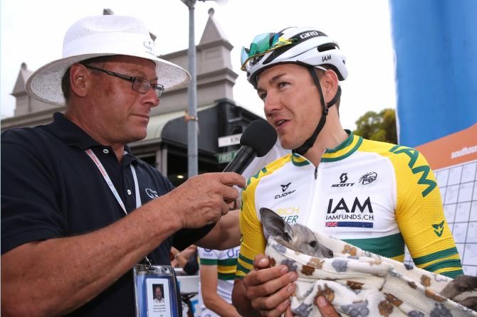 How Australian is that! National champion Heinrich Haussler (IAM Cycling) with a joey