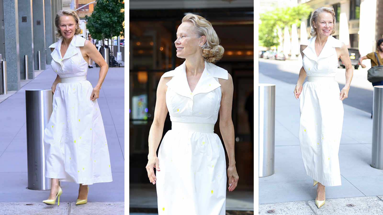 Pamela Anderson wearing a white dress