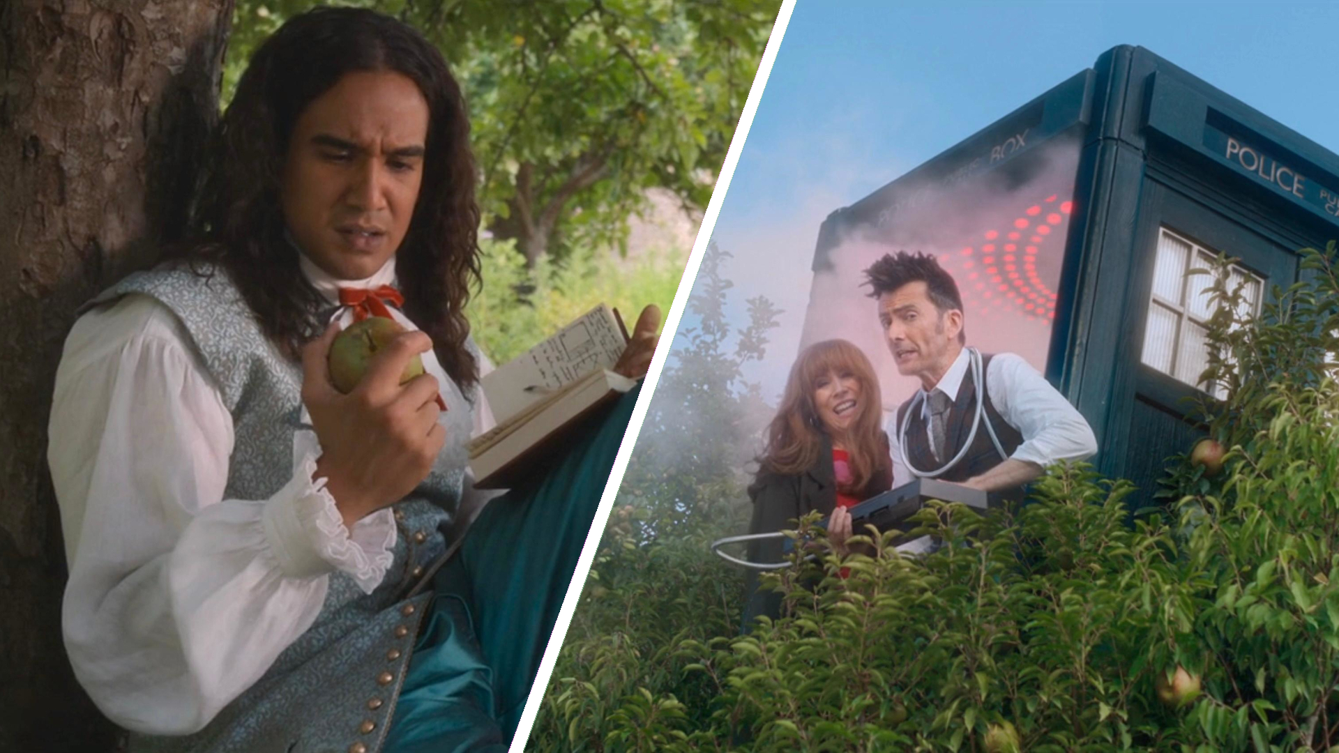 Split image from Doctor Who showing Isaac Newton on the left, and the Doctor and Donna in the TARDIS, which has crashed into a tree.
