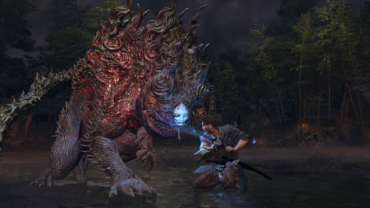 Musashi battles a Greater Nue, a massive bestial monster, in Onimusha: Way of the Sword