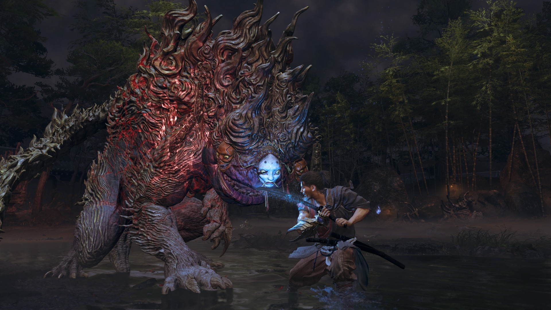 Musashi battles a Greater Nue, a massive bestial monster, in Onimusha: Way of the Sword