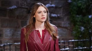 Hayley Erin as Claire in a red coat in The Young and the Restless