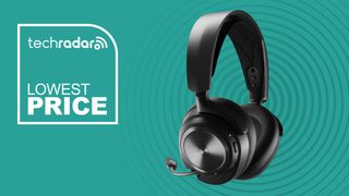 The SteelSeries Arctis Nova Pro Wireless gaming headset on a cyan background with lowest price white text