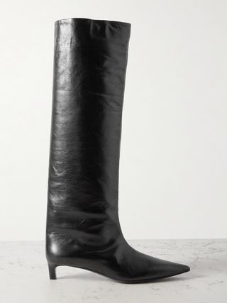 Textured-Leather Point-Toe Knee Boots