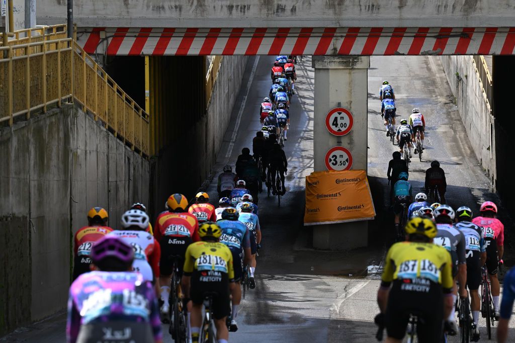 SAN BENEDETTO DEL TRONTO ITALY MARCH 16 A general view of the peloton competing during the 60th TirrenoAdriatico 2025 Stage 8 a 147km stage from Porto Potenza Picena to San Benedetto del Tronto UCIWT on March 16 2025 in San Benedetto del Tronto Italy Photo by Tim de WaeleGetty Images