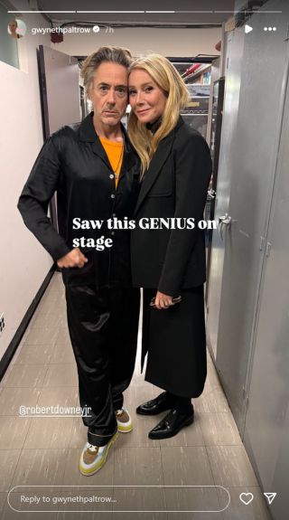 Robert Downey Jr. and Gwyneth Paltrow standing togehter looking at the camera. She wrote "Saw this GENIUS on stage" as the caption.