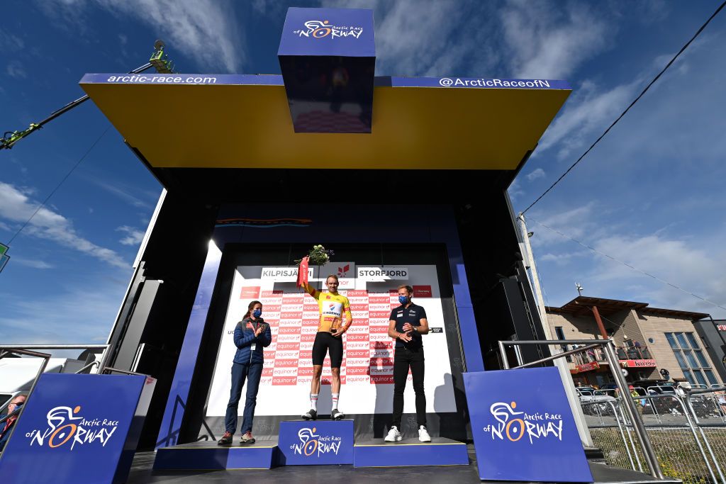 KILPISJARVI FINLAND AUGUST 06 Alexander Kristoff of Norway and Team Norway Yellow Leader Jersey celebrates at podium during the 8th Arctic Race Of Norway 2021 Stage 2 a 178km stage from Nordkjosbotn to Storfjord Kilpisjrvi Finland ArcticRace on August 06 2021 in Kilpisjarvi Finland Photo by Stuart FranklinGetty Images