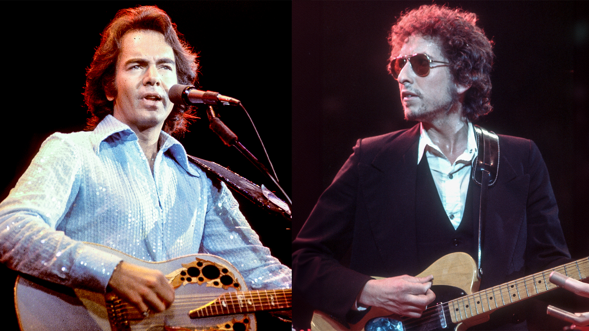 LEFT: Neil Diamond performs onstage wearing a sequin shirt in circa 1977 in Los Angeles, California. RIGHT: Bob Dylan plays a Fender Telecaster electric guitar on stage in 1974. 