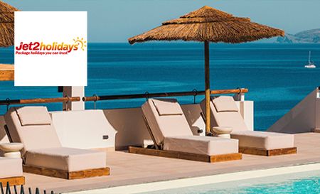 jet 2 holidays logo top left with a picture of sun beds with sea behind them