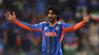 Tilak Varma of India celebrates the wicket of Shadab Khan of Pakistan during the ICC Men's T20 World Cup India & Sri Lanka 2026 match between India and Pakistan at R. Premadasa Stadium on February 15, 2026 in Colombo, Sri Lanka. 