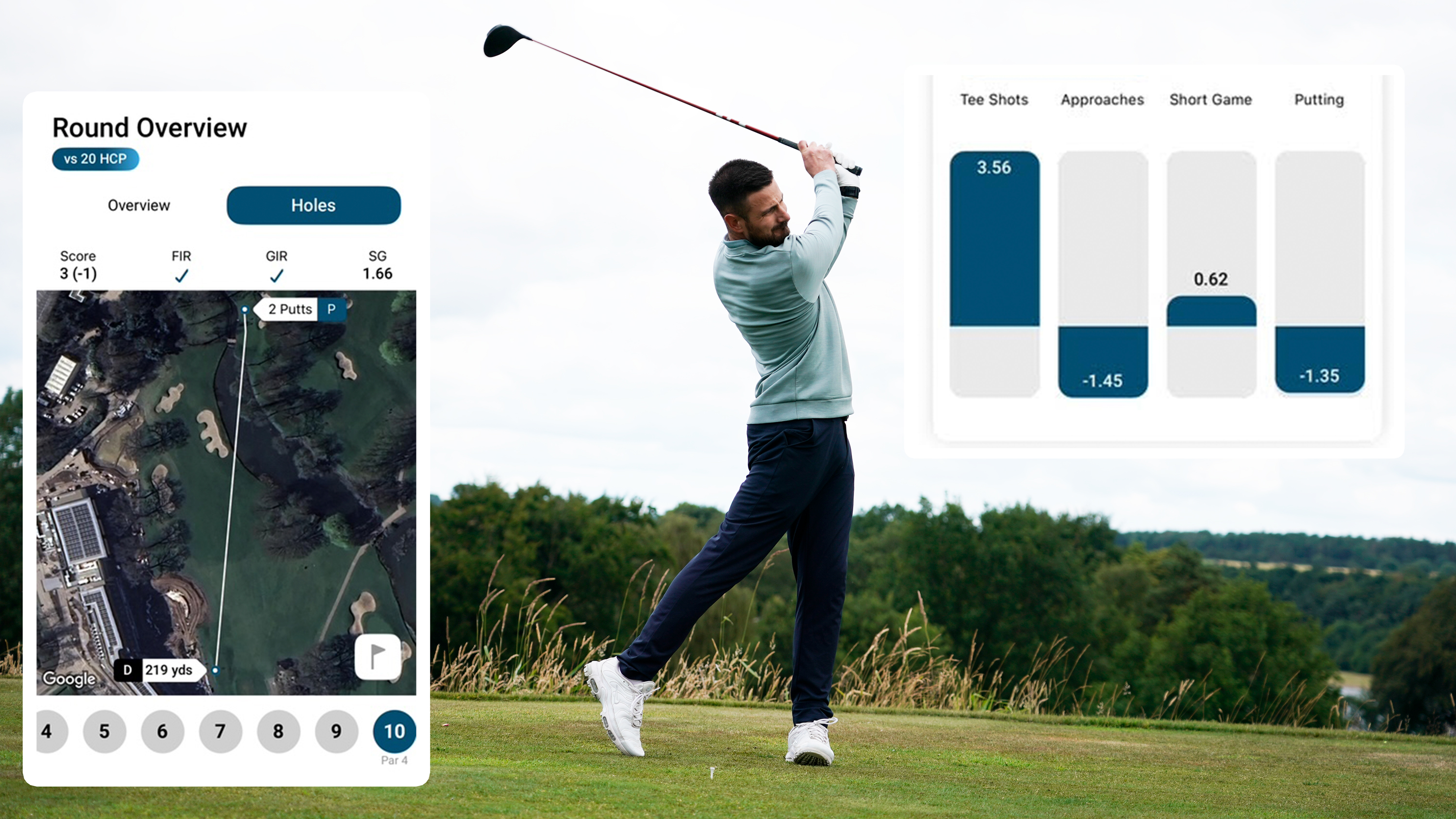 Baz Plummer hitting a tee shot on the 9th with a driver, in the finish position, with two inset images from Shot Scope highlighting improvements in Baz&#039;s performance with driver in 2025