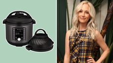 Instant Pot against sage green background on left, Candice King, a white woman with long blonde wavy hair in plaid dress on right