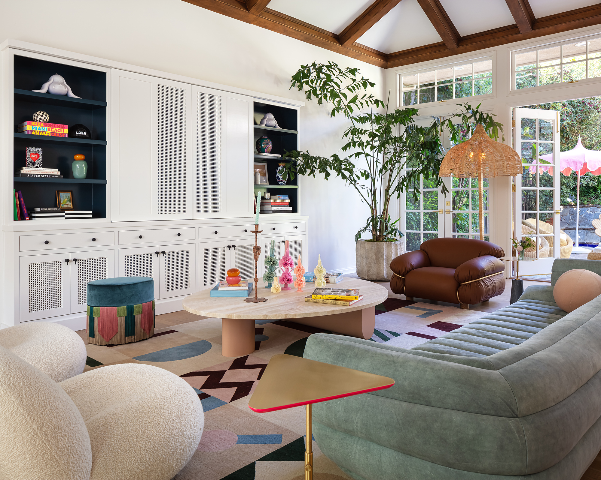 living room with blue sofa