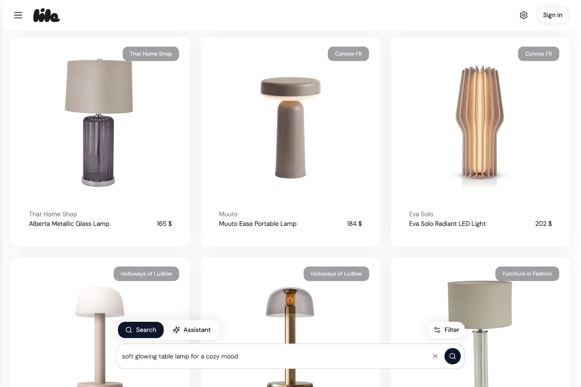 Screenshot of Lila product finding AI software showing a selection of lamps