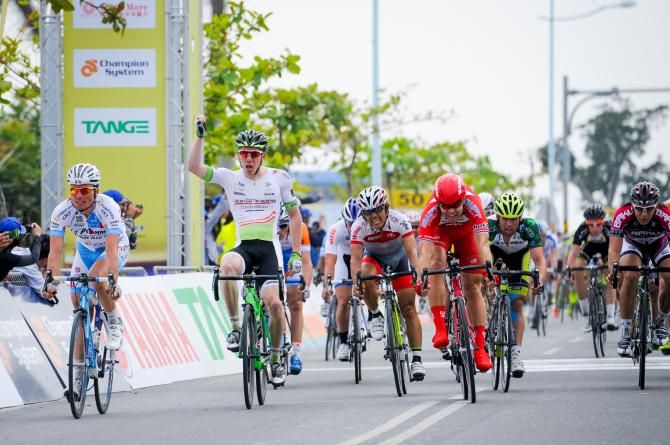 Fabian Schnaidt celebrates winning the stage