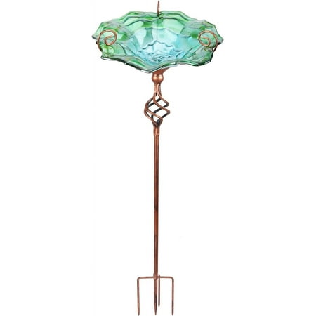 31 Inch Height Glass Bird Bath With Metal Stake Garden Yard Outdoor Birdbaths, Green