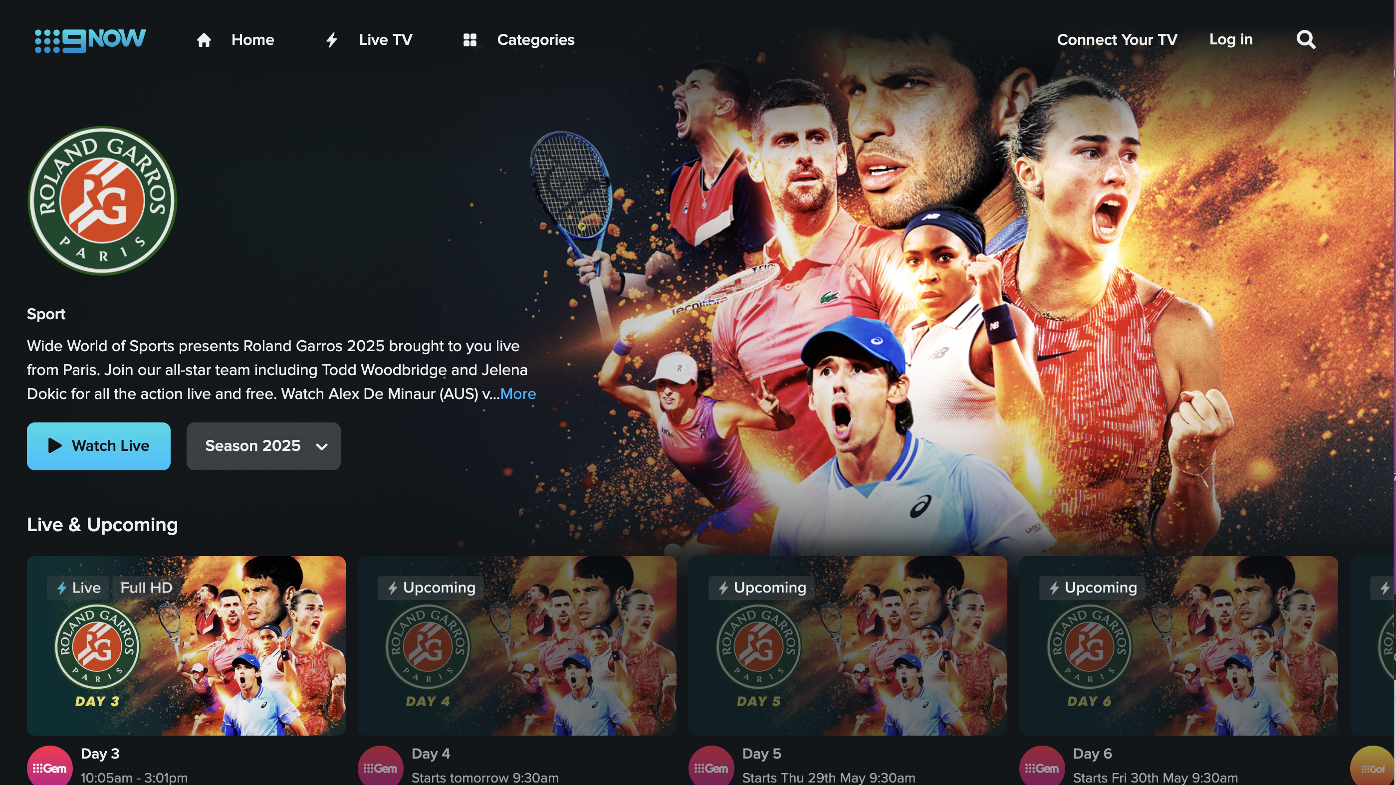 Watch the Roland Garros 2025 live and for free on 9Now streaming platform in Australia