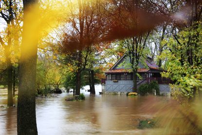 A beautiful cottage is surrounded by floodwaters.