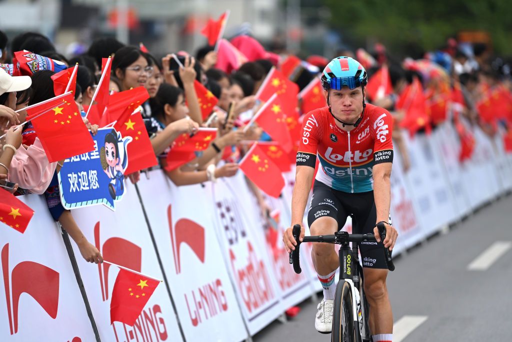 YIZHOU CHINA OCTOBER 19 Lennert Van Eetvelt of Belgium and Team Lotto Dstny prior to the 5th GreeTour Of Guangxi 2024 Stage 5 a 1658km stage from Yizhou to Nongla 641m UCIWT on October 19 2024 in Yizhou China Photo by Dario BelingheriGetty Images