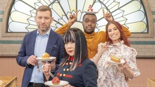 Benoit Blin, Cherish Finden, Liam Charles and Stacey Solomon all holding cake in Bake Off: The Professionals.