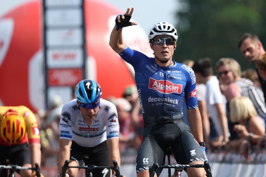 Belgian Jasper Philipsen of AlpecinDeceuninck celebrates as he crosses the finish lmine to win the Elfstedenronde one day cycling race race 8 out of 10 of the Lotto Cycling Cup 1903km with start and finish in Brugge Sunday 11 June 2023 BELGA PHOTO DAVID PINTENS Photo by DAVID PINTENS BELGA MAG Belga via AFP Photo by DAVID PINTENSBELGA MAGAFP via Getty Images