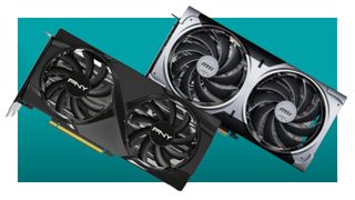 An image showing a pair of graphics cards against a teal background with a thick white border.